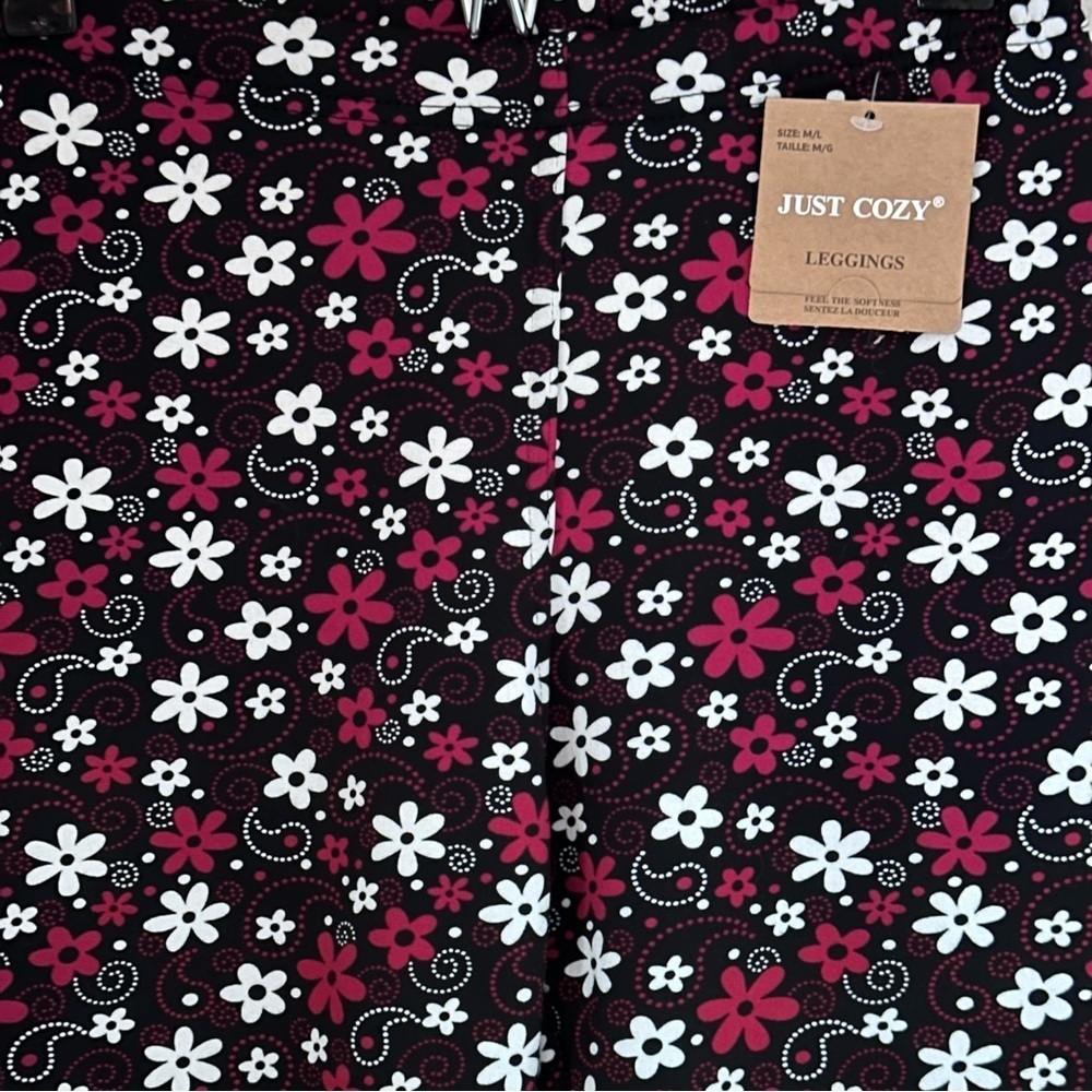 Just Cozy Fleece Lined Black and Pink Floral Leggings Size M/L - Picture 2 of 2